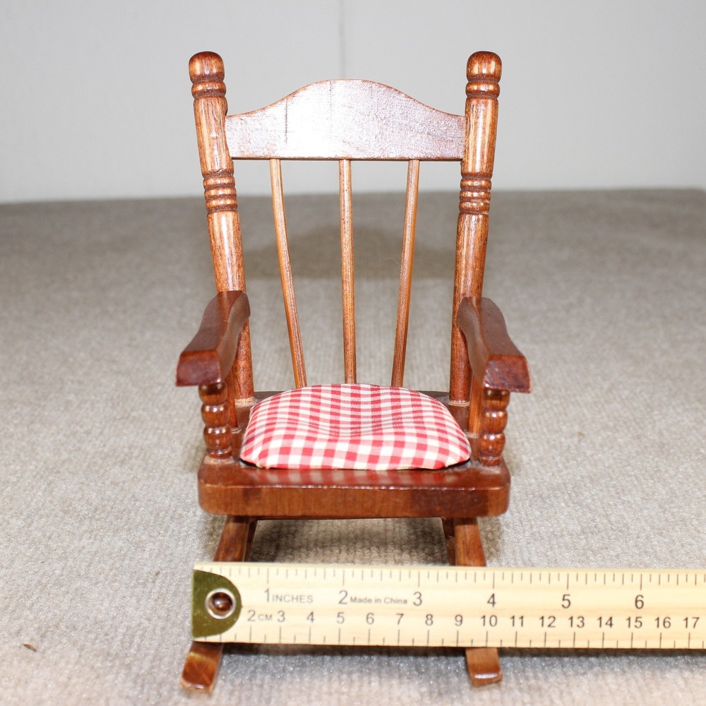Vintage Miniature Wooden Rocking Chair Red Gingham Padded Seat Dollhouse Decor
